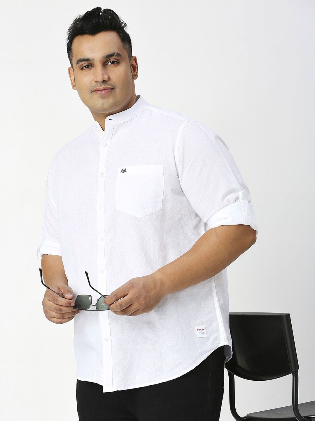 Thomas Scott Plus Size Premium Mandarin Collar Roll-Up Sleeves Cotton Linen Casual Shirt