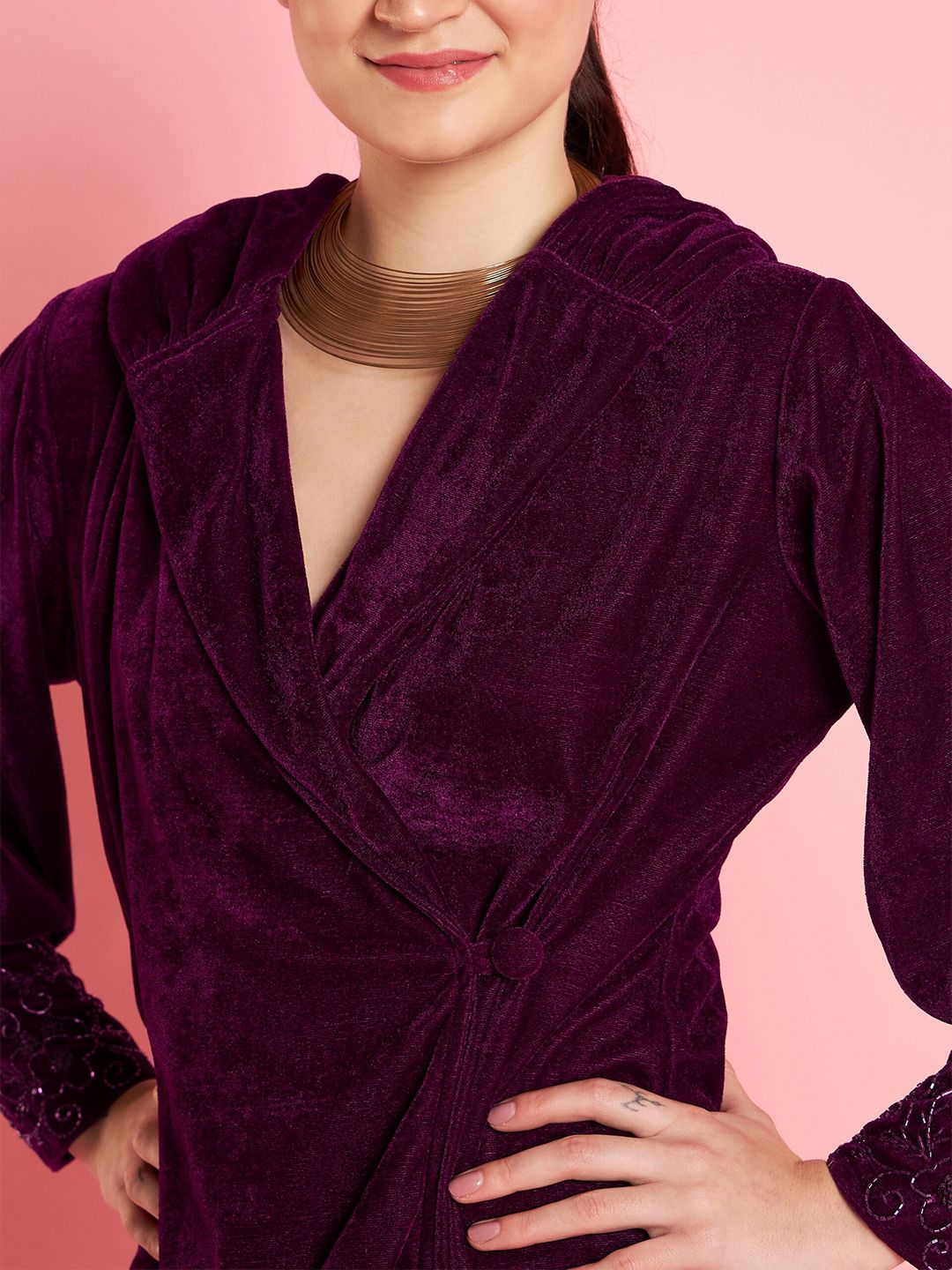Antheaa Purple Embellished Lapel Collar Velvet Top With Trousers