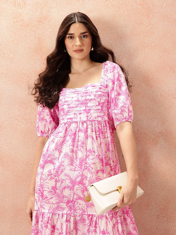 all about you Tropical Print Pure Cotton Smocked A-Line Dress