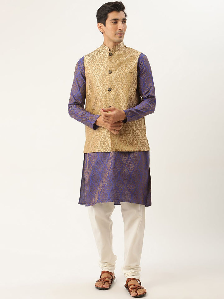 SOJANYA Men Purple Ethnic Motifs Kurta with Churidar & Nehru Jacket