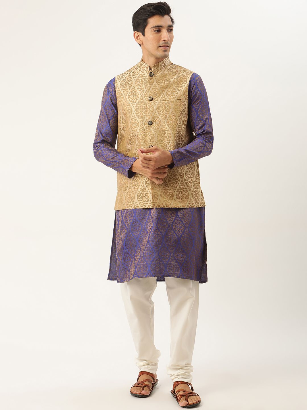 SOJANYA Men Purple Ethnic Motifs Kurta with Churidar & Nehru Jacket