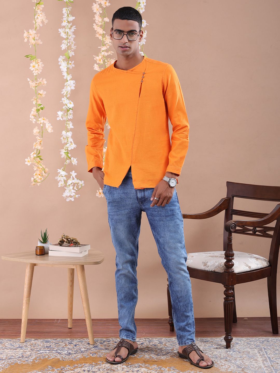 The Indian Garage Co Men Orange Gotta Patti Floral Anarkali Kurta