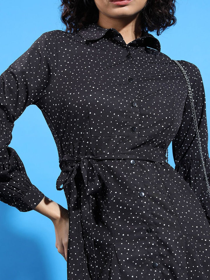 Tokyo Talkies Black & White Polka Dot Printed Cuffed Sleeves Shirt Dress