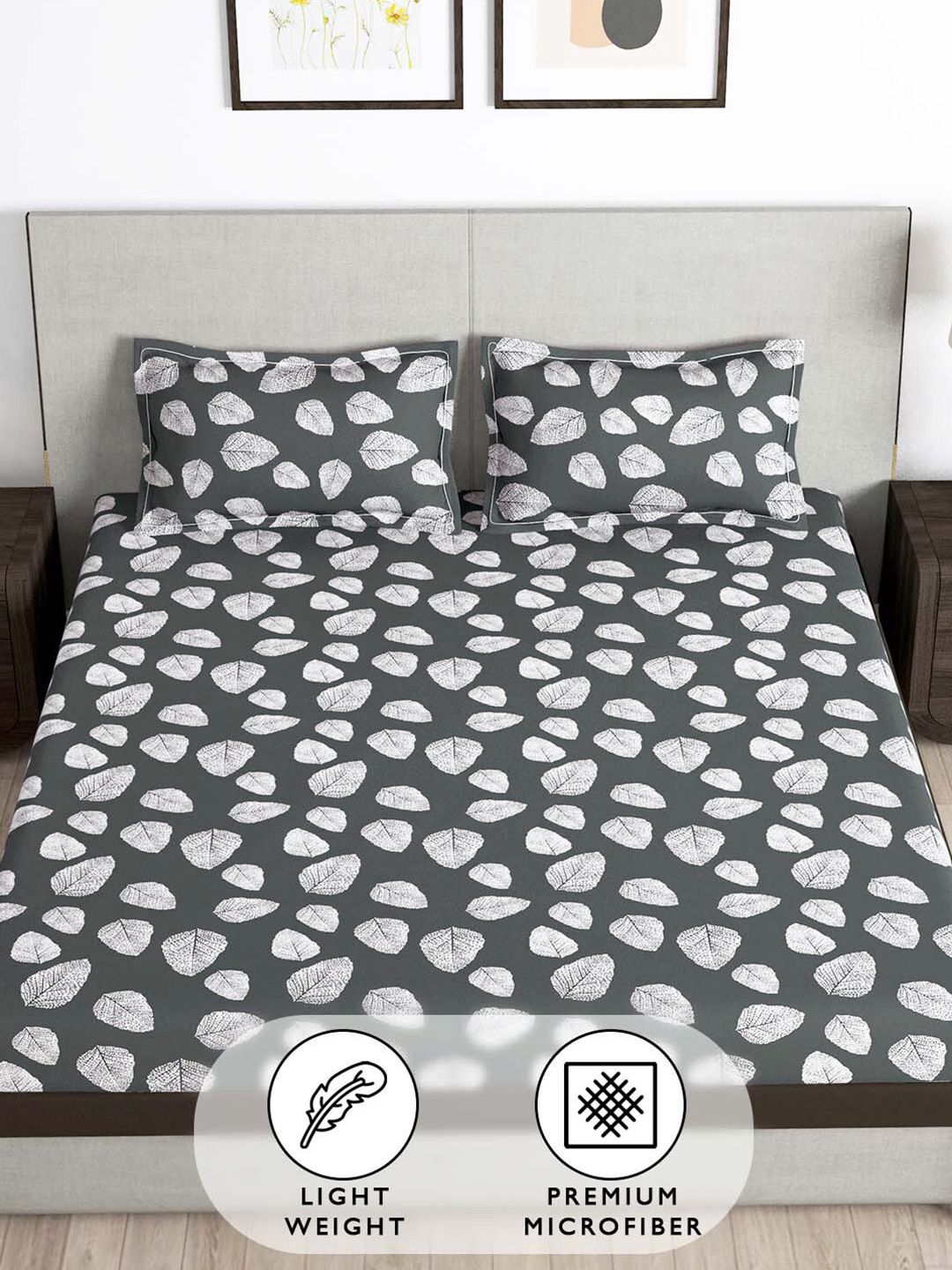 Story@home Charcoal & White Floral 180 TC Queen Bedsheet with 2 Pillow Covers