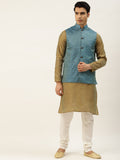 SOJANYA Men Olive Green & Blue Jacquard Ethnic Motifs Straight Kurta with Churidar