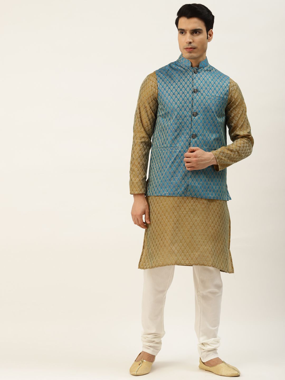 SOJANYA Men Olive Green & Blue Jacquard Ethnic Motifs Straight Kurta with Churidar