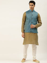 SOJANYA Men Olive Green & Blue Jacquard Ethnic Motifs Straight Kurta with Churidar