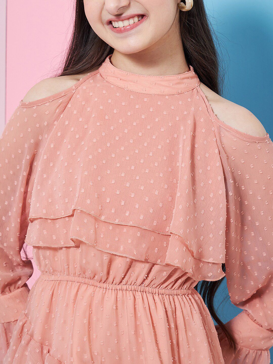 pspeaches Girls Self Design Halter Neck Bell Sleeves Cut Out Layered Ruffled A-Line Dress