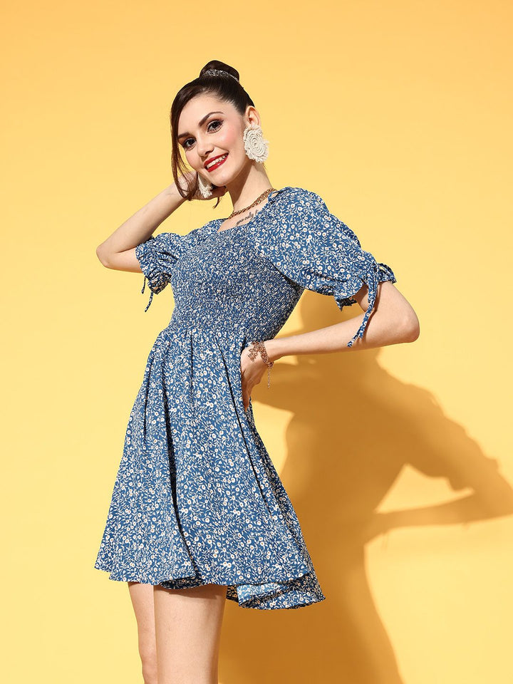 Berrylush Women Blue Floral Volume Play Dress