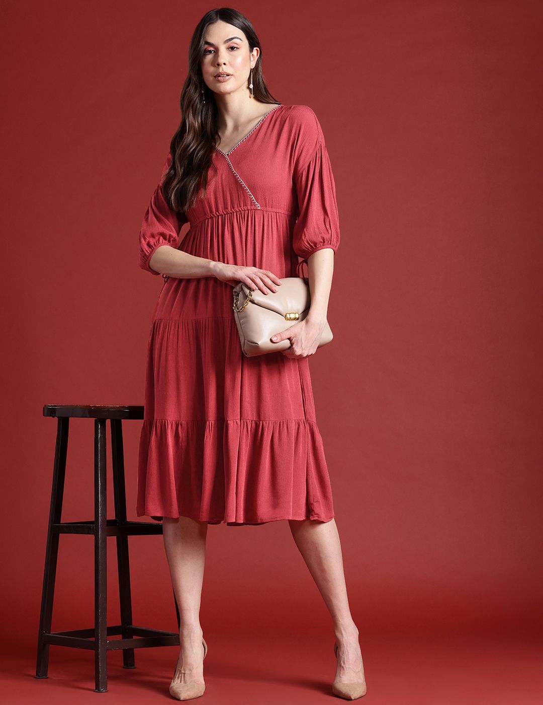all about you Puff Sleeves Tiered Midi Wrap Style Dress