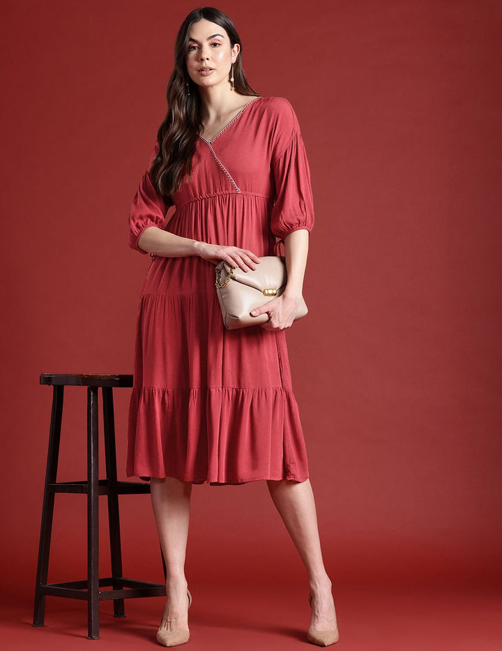 all about you Puff Sleeves Tiered Midi Wrap Style Dress