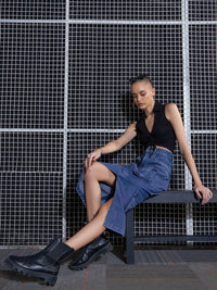 SASSAFRAS Blue Washed Cargo Pencil Midi Denim Skirt