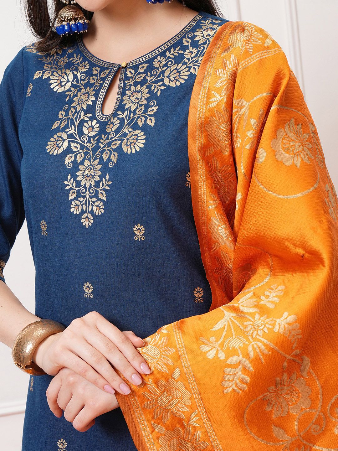 Vishudh Teal Blue Floral Printed Regular Kurta with Palazzo & Dupatta