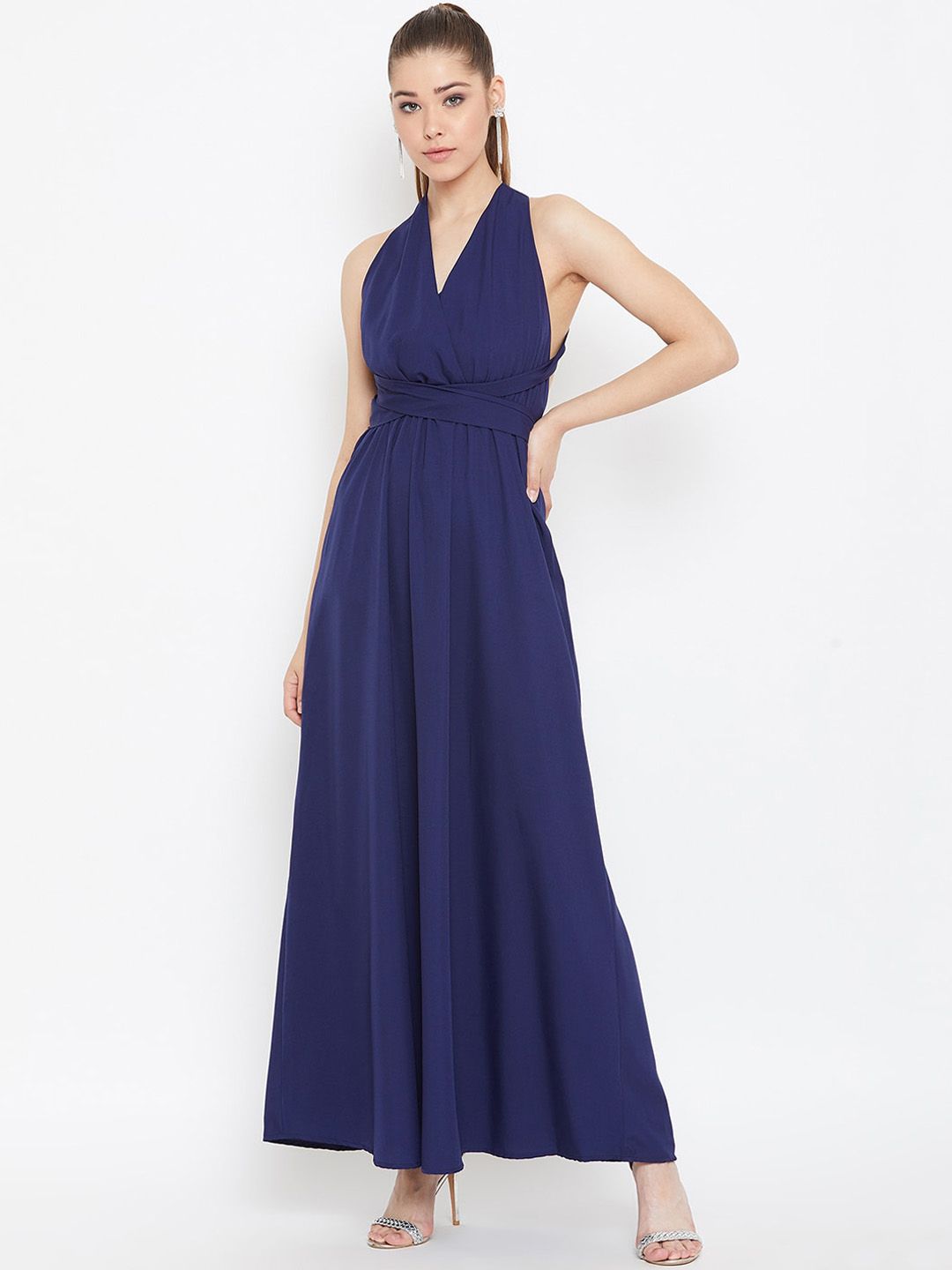 Berrylush Navy Blue V-Neck Maxi Dress