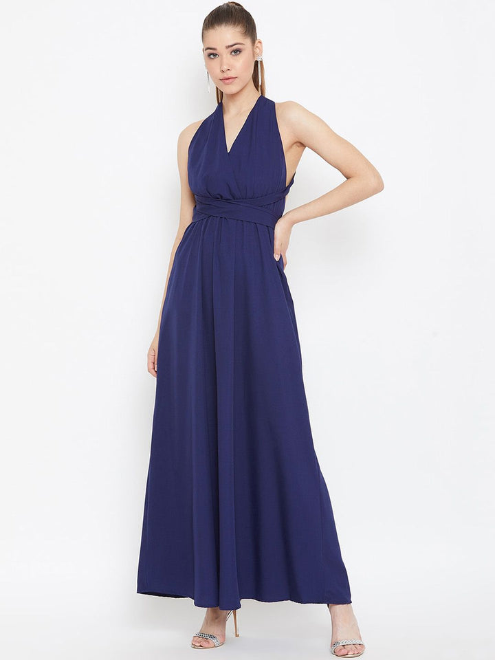 Berrylush Navy Blue V-Neck Maxi Dress