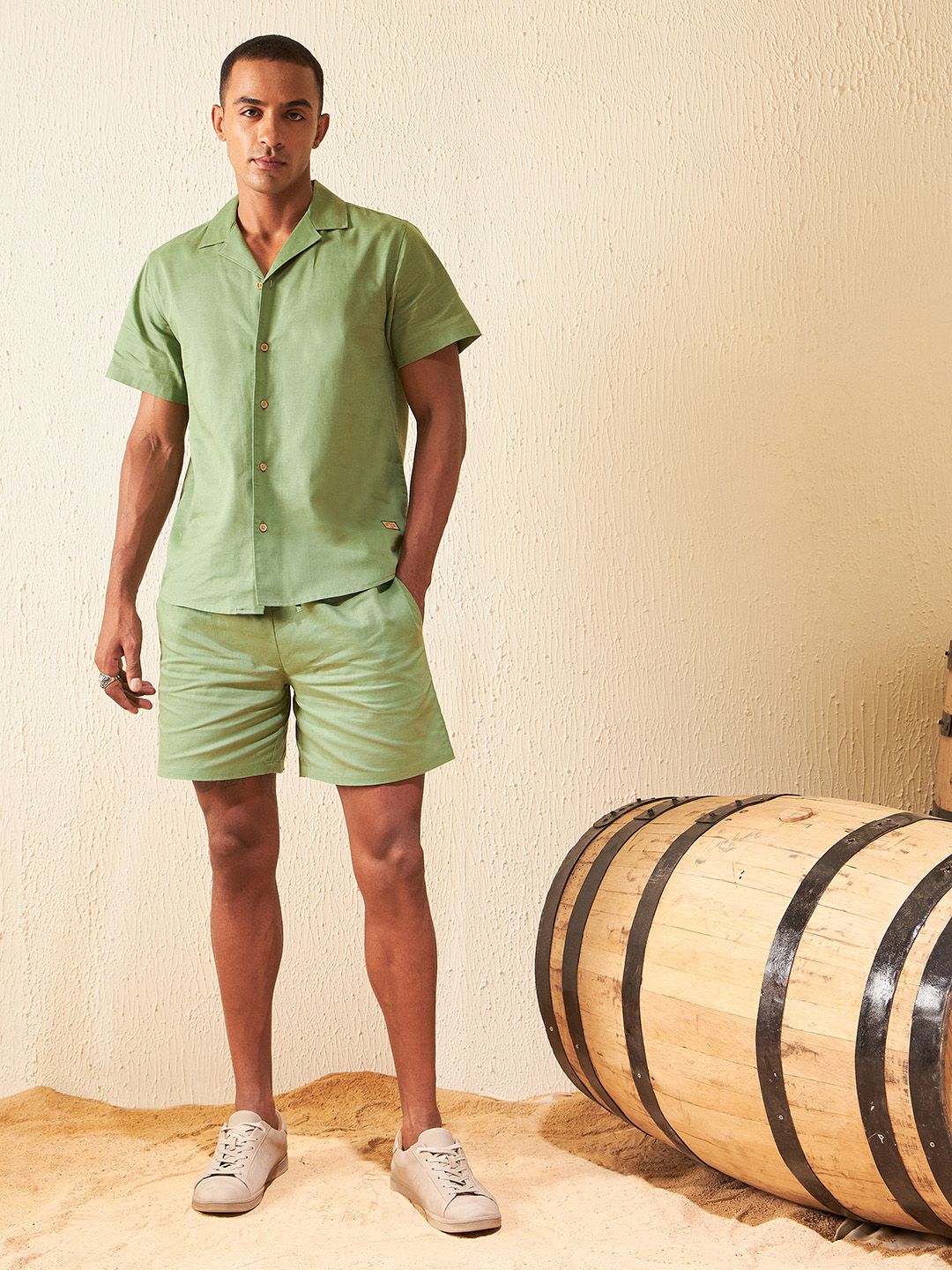 Dennison Solid Cuban Collar Comfort Fit Shirt With Shorts Co-ords