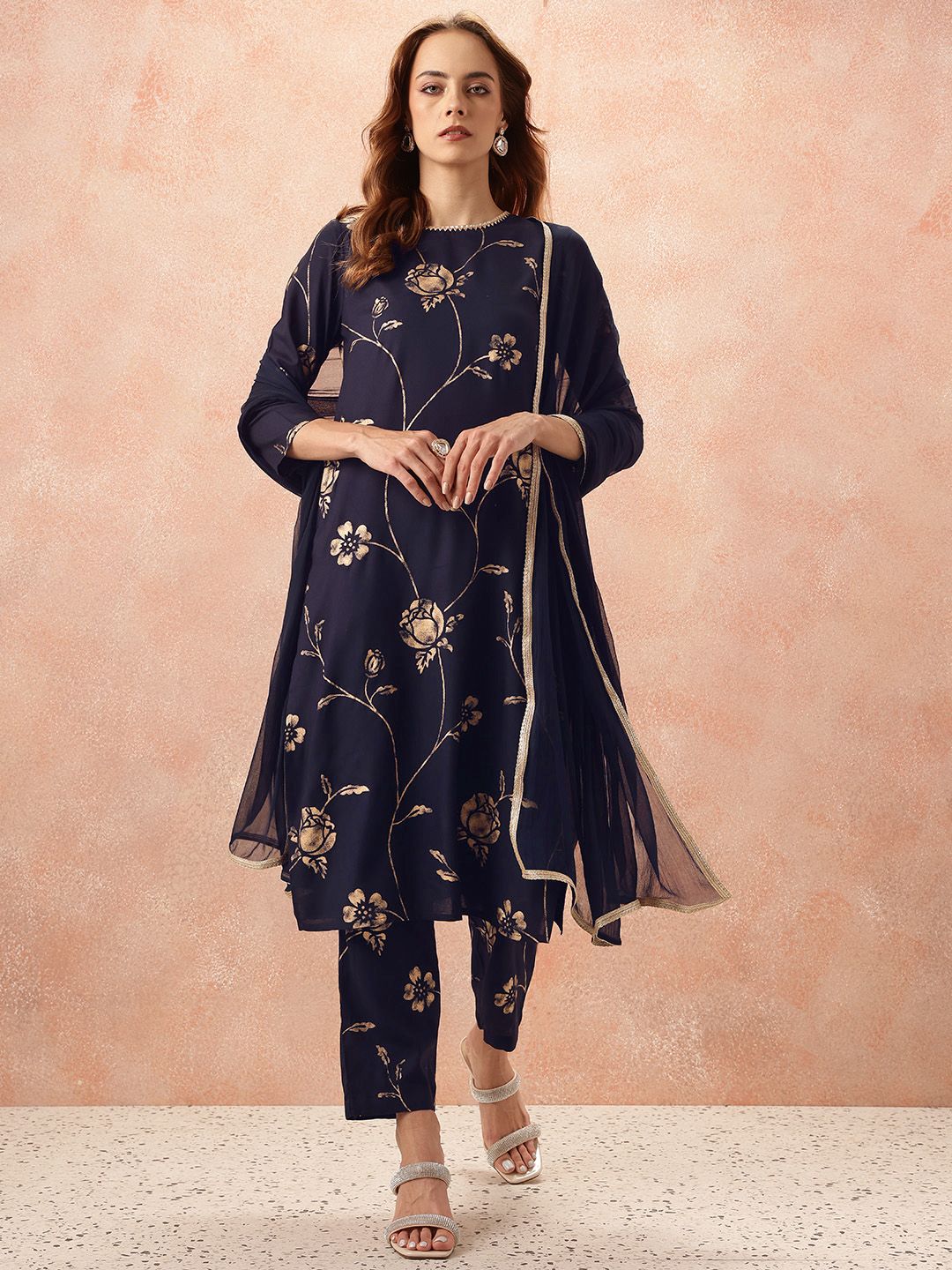 all about you Women Floral Printed Regular Gotta Patti Kurta with Trousers & With Dupatta