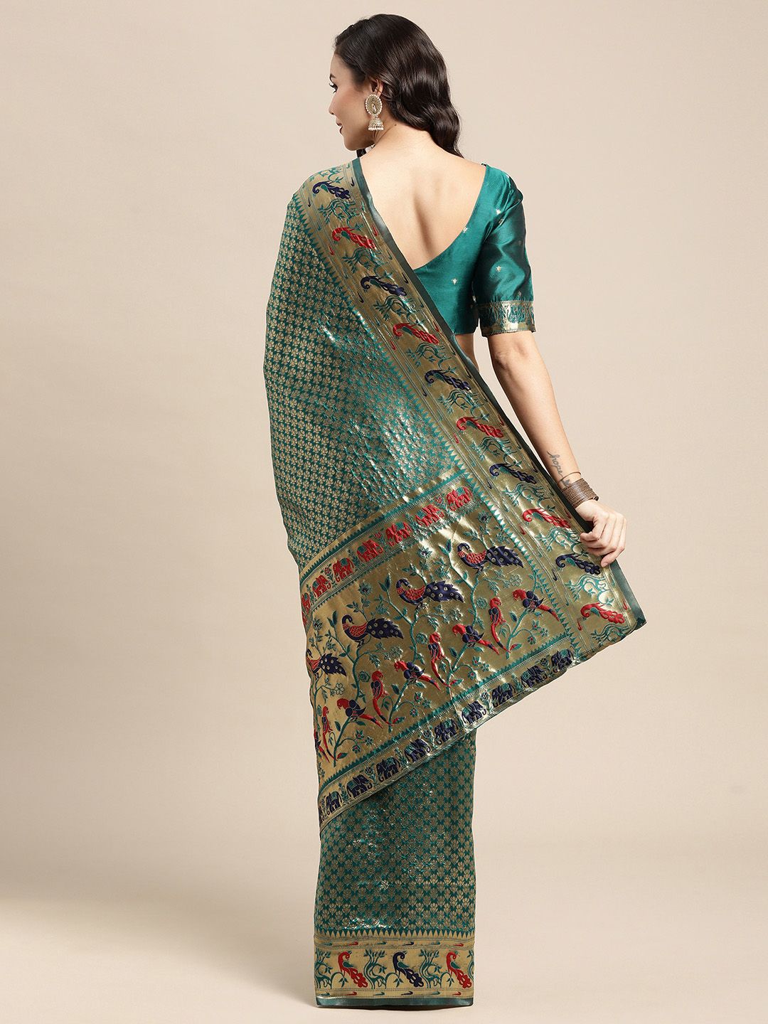 Saree mall Teal & Red Woven Design Zari Silk Blend Paithani Sarees