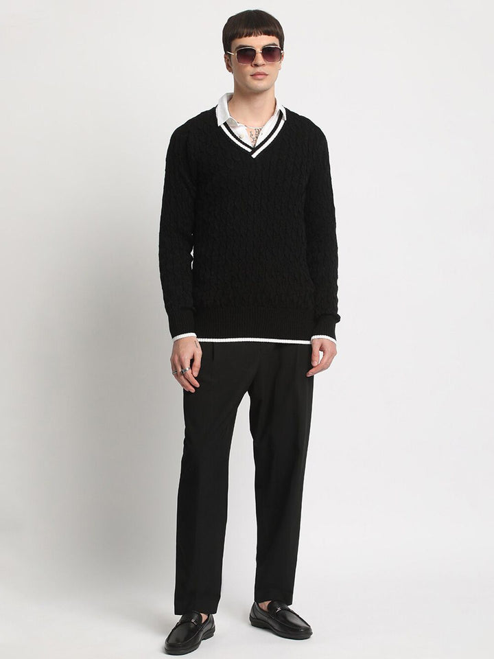 THE BEAR HOUSE Self Design V-Neck Woollen Pullover Sweater