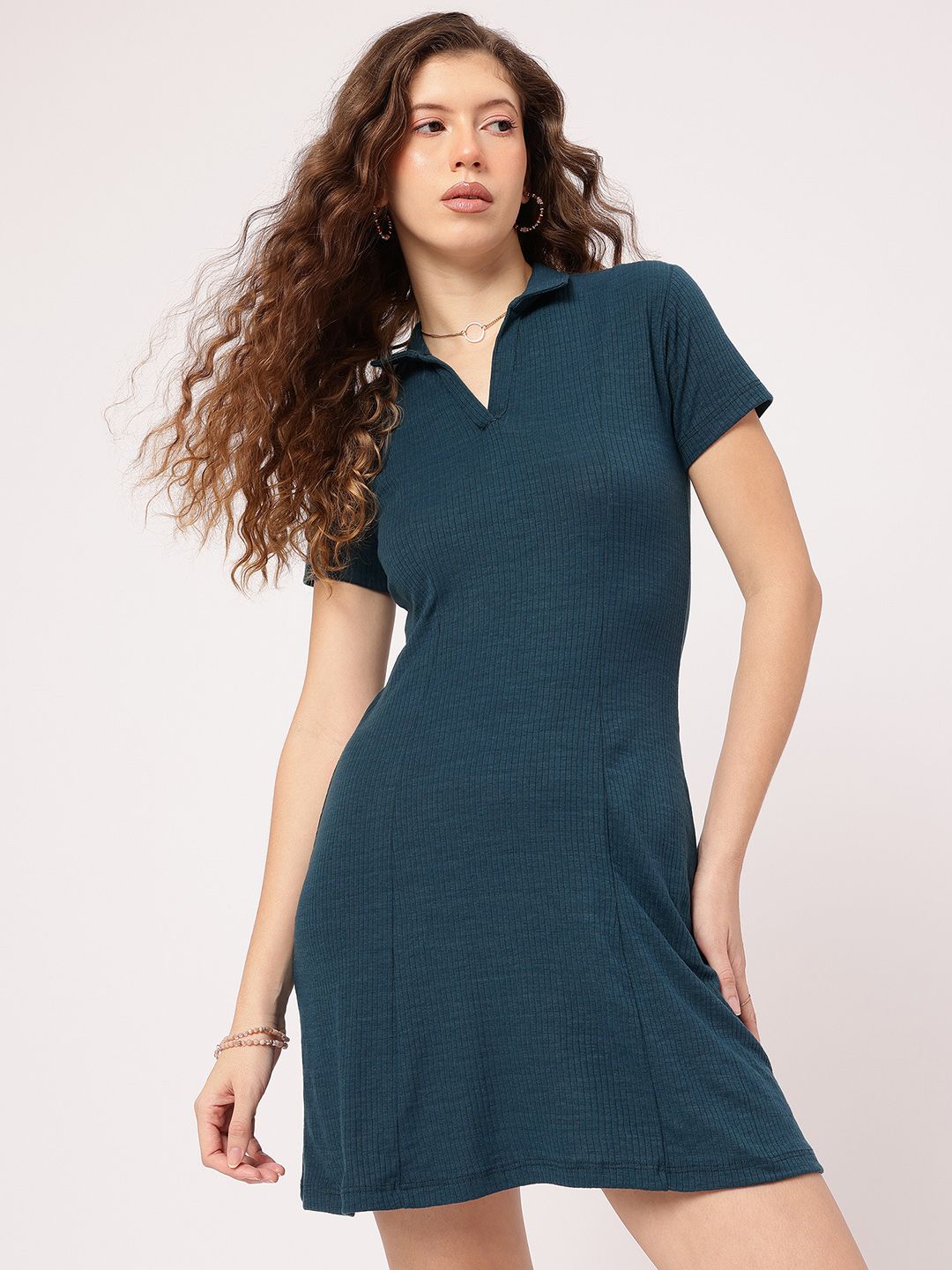DressBerry Rib Knit Polo A-Line Mini Dress