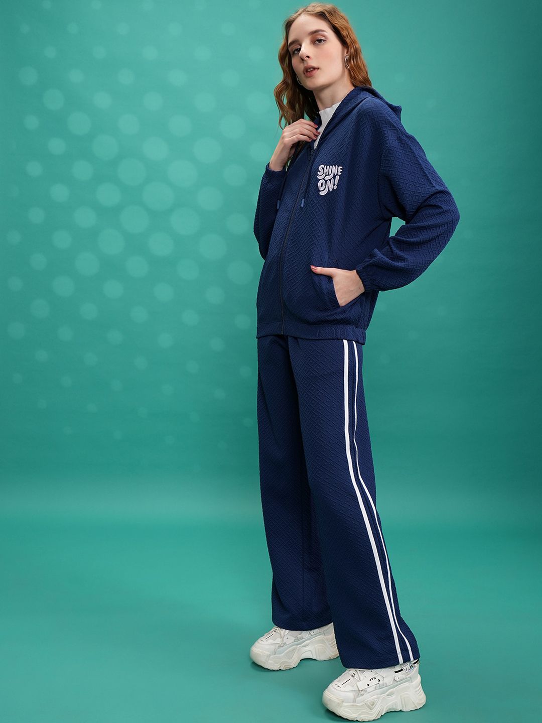 Tokyo Talkies Navy Blue Hooded Sweatshirt With Trousers Co-Ords