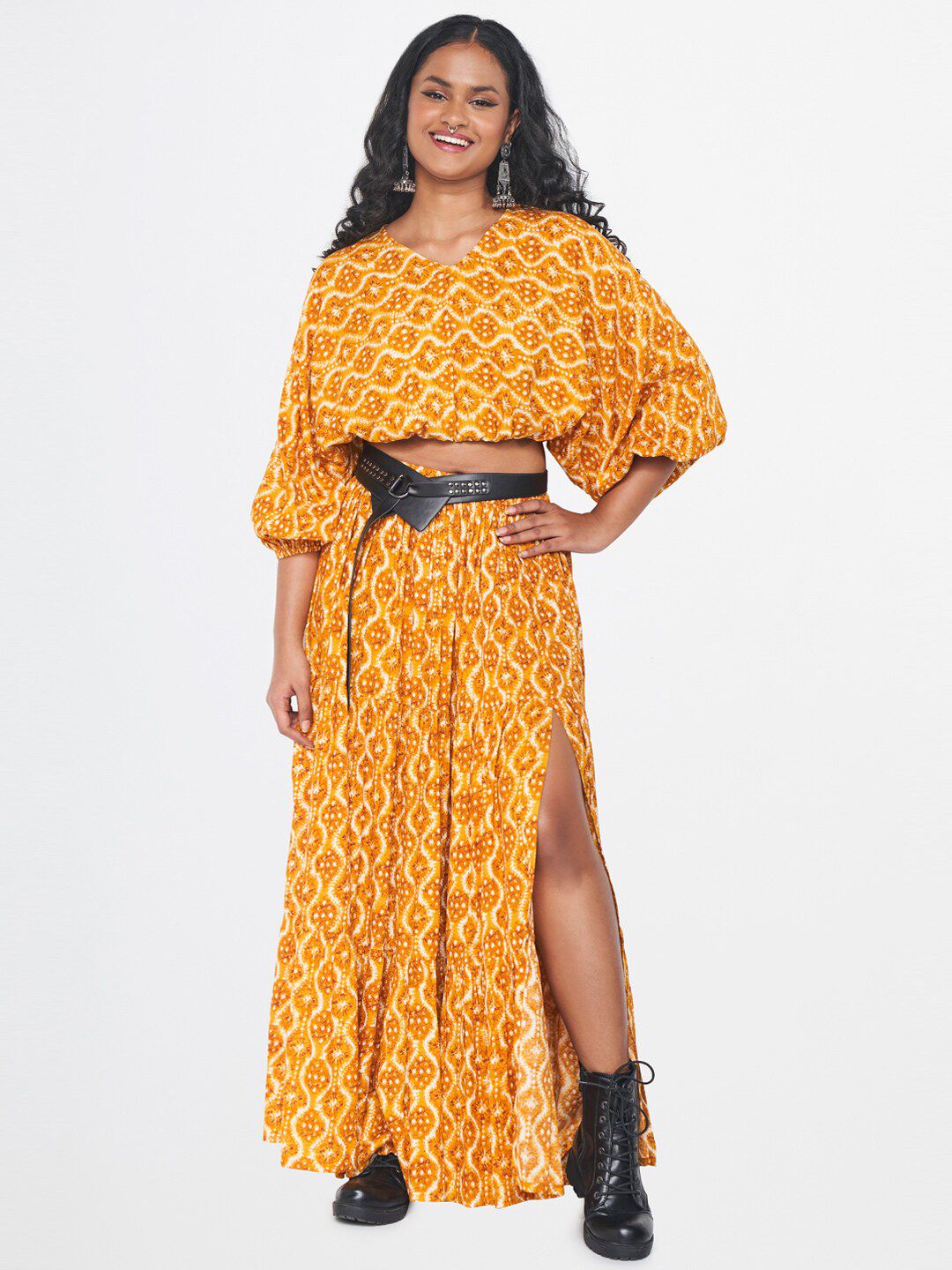 Global Desi Printed V-Neck Top & Skirt