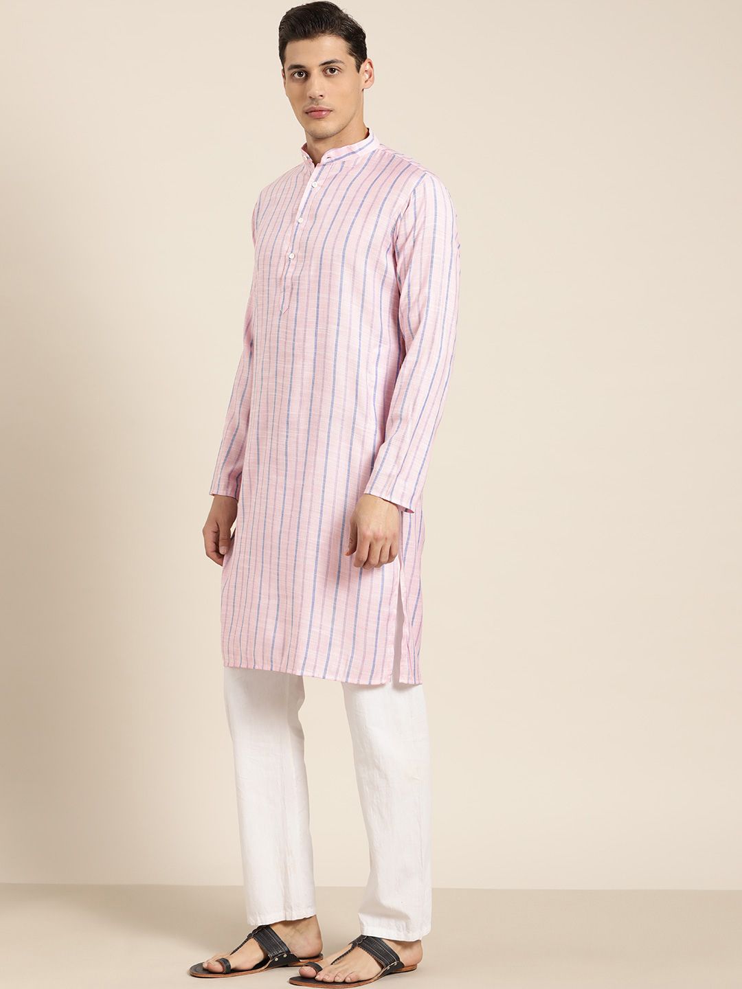 SOJANYA Men Pink & Blue Striped Kurta