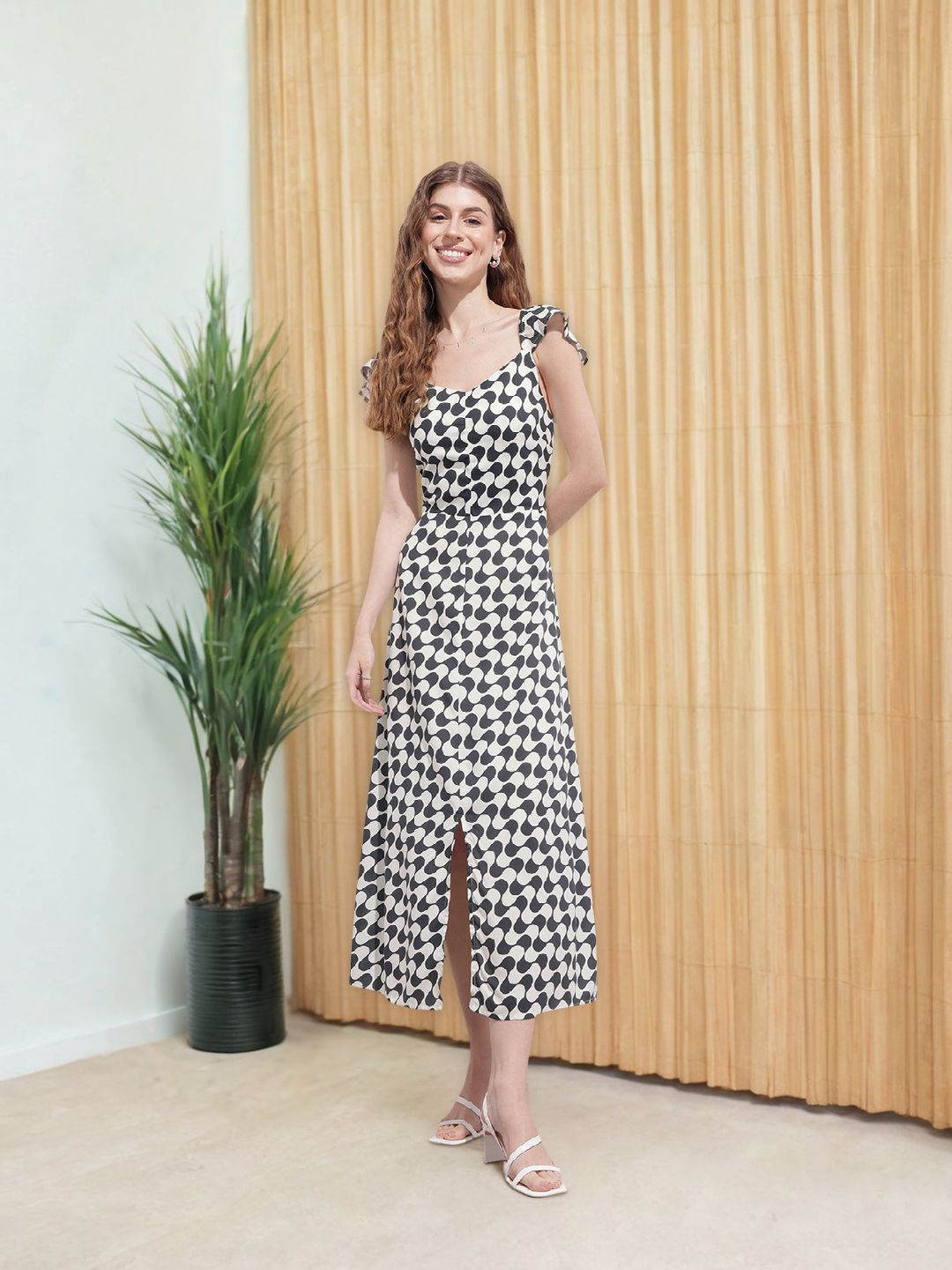 DressBerry Monochrome Maze Ruffled A-Line Midi Dress