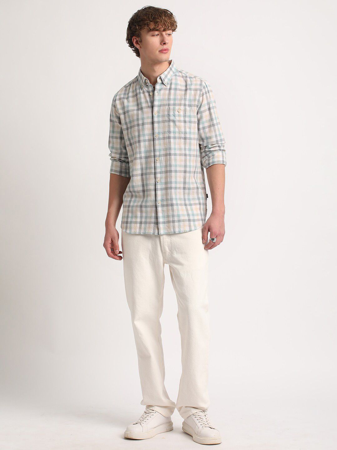 THE BEAR HOUSE Tartan Checks Slim Fit Cotton Linen Casual Shirt