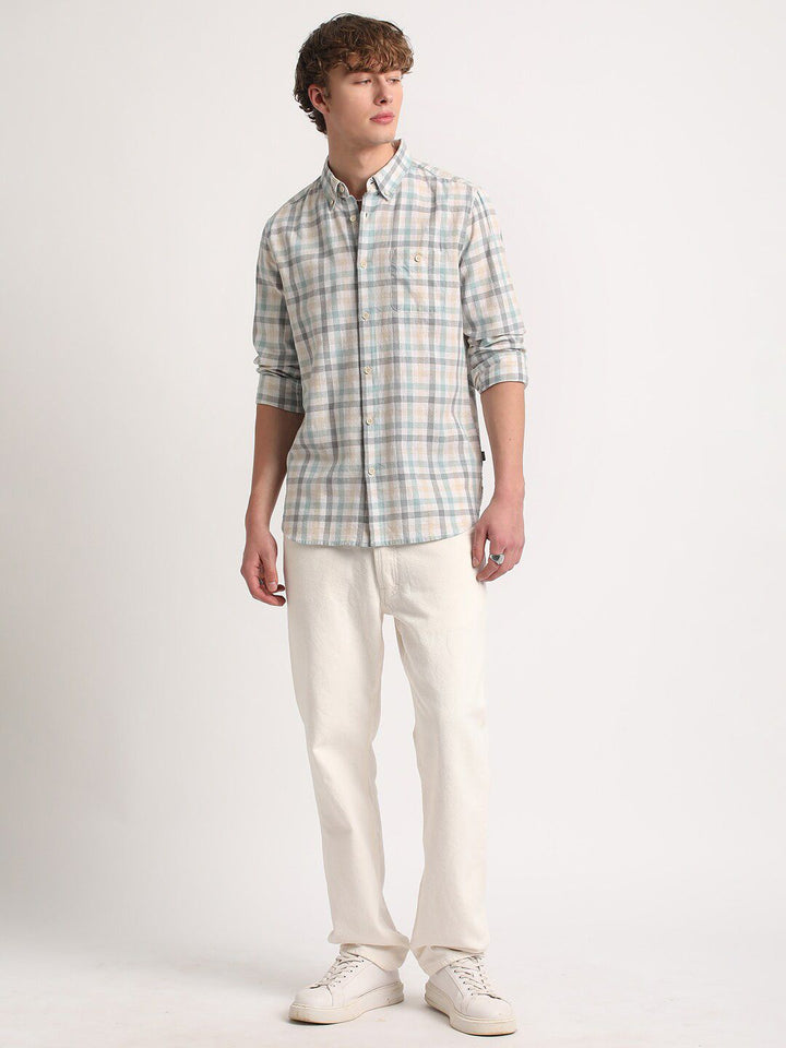 THE BEAR HOUSE Tartan Checks Slim Fit Cotton Linen Casual Shirt