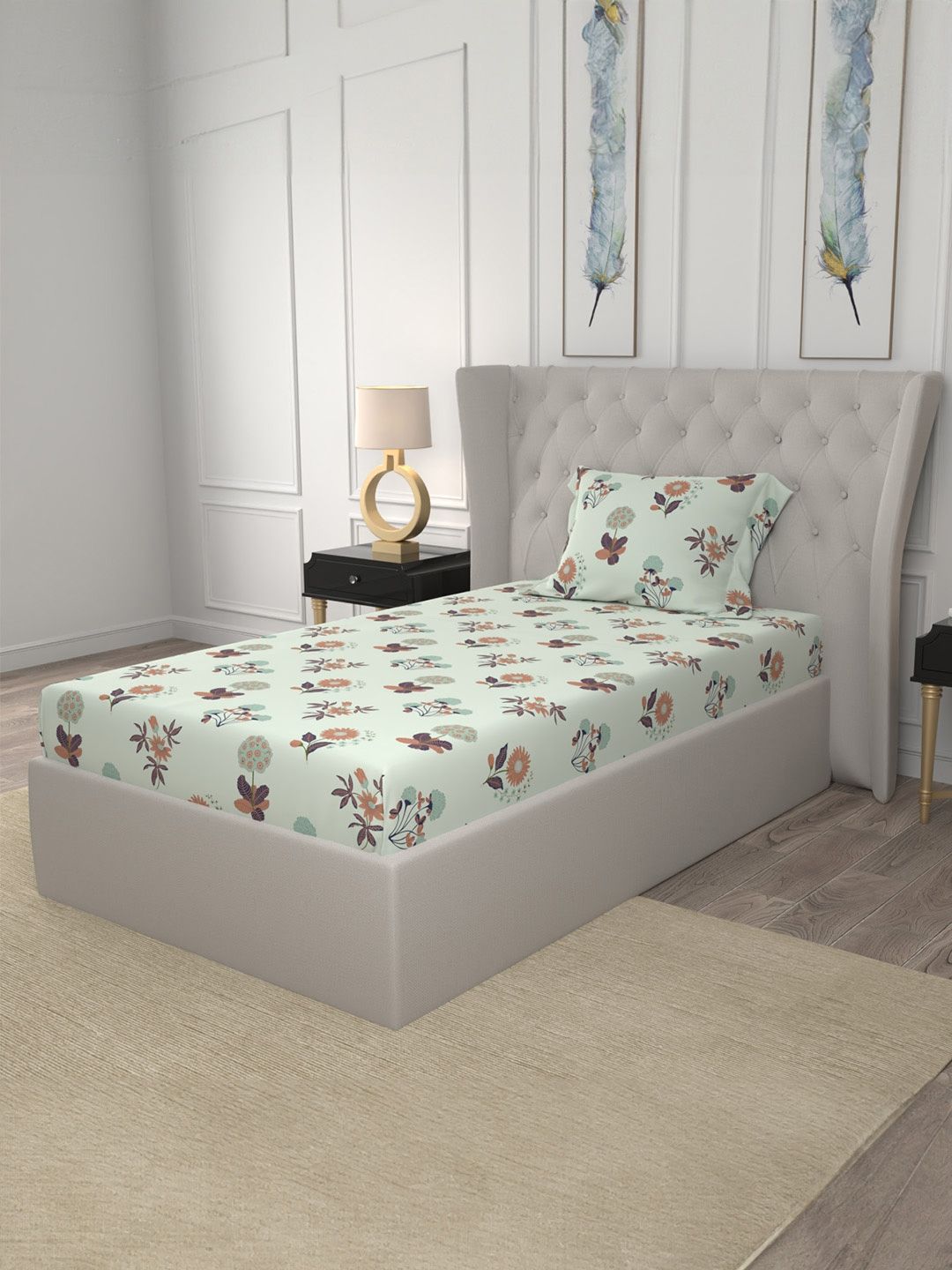 URBAN SPACE Radiance Grey 200 TC Floral Single Bedsheet