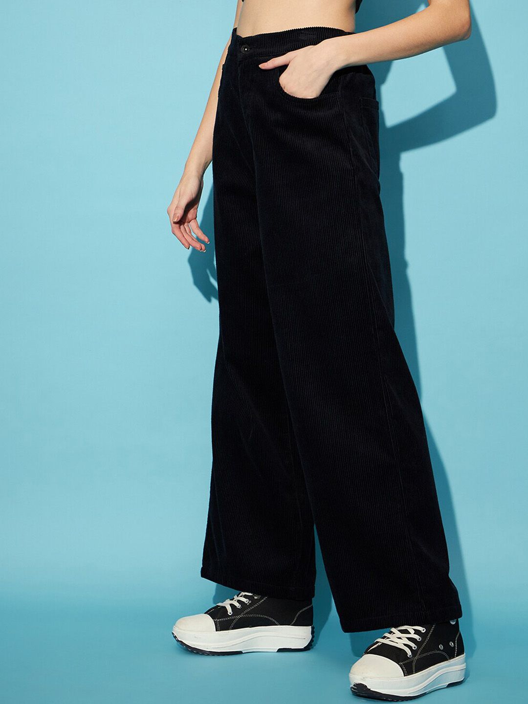 STREET 9 Women Black Flared High-Rise Corduroy Parallel Trousers