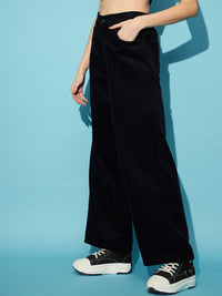 STREET 9 Women Black Flared High-Rise Corduroy Parallel Trousers