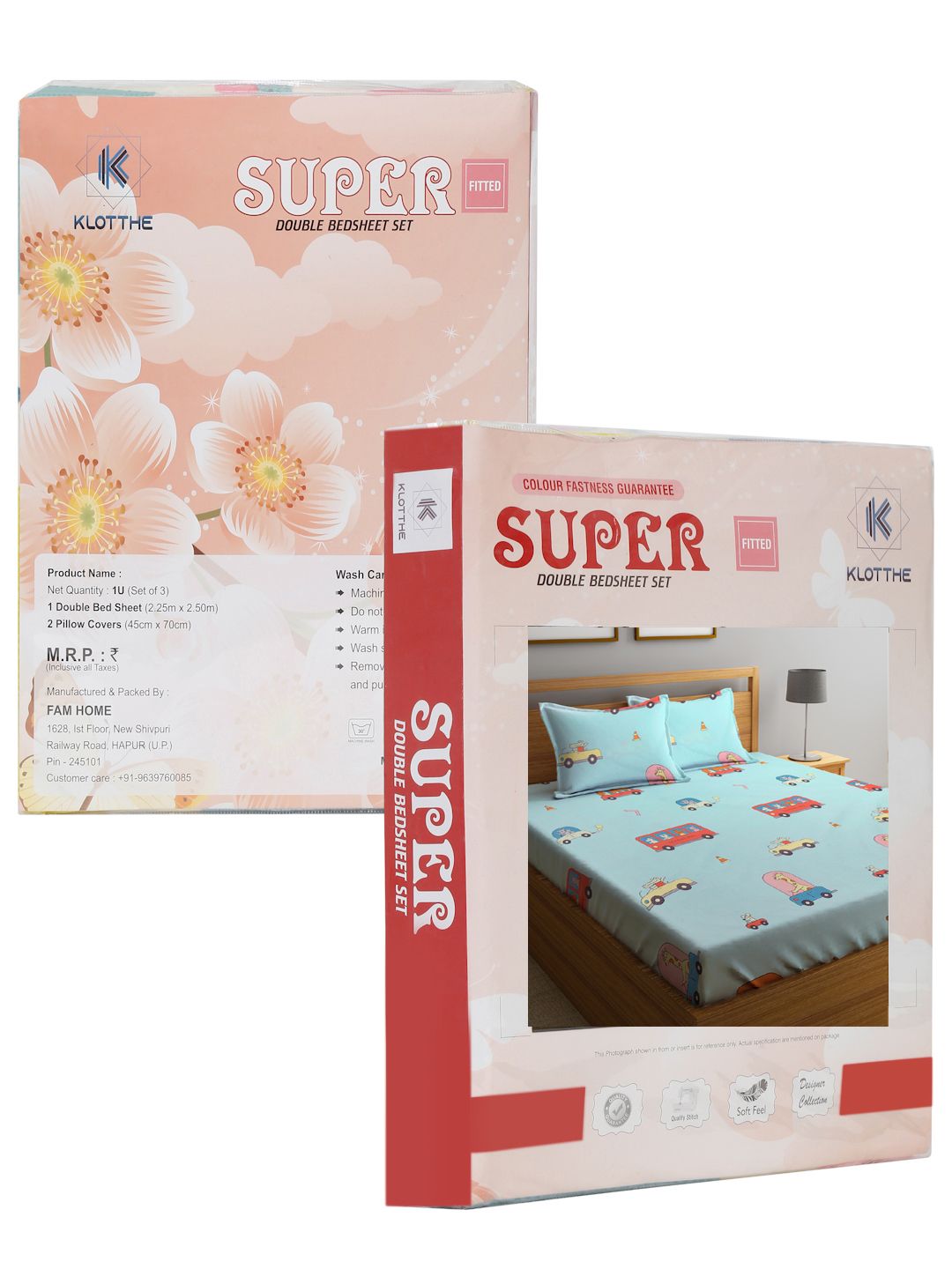 KLOTTHE  Cartoon Characters Printed 300 TC Fitted Double Bed Sheet with 2 Pillow Covers