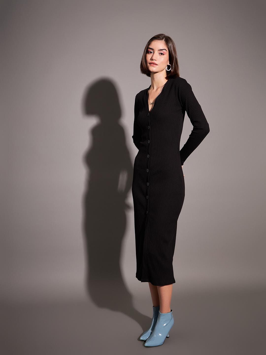 SASSAFRAS Black Ribbed Sheath Midi Dress