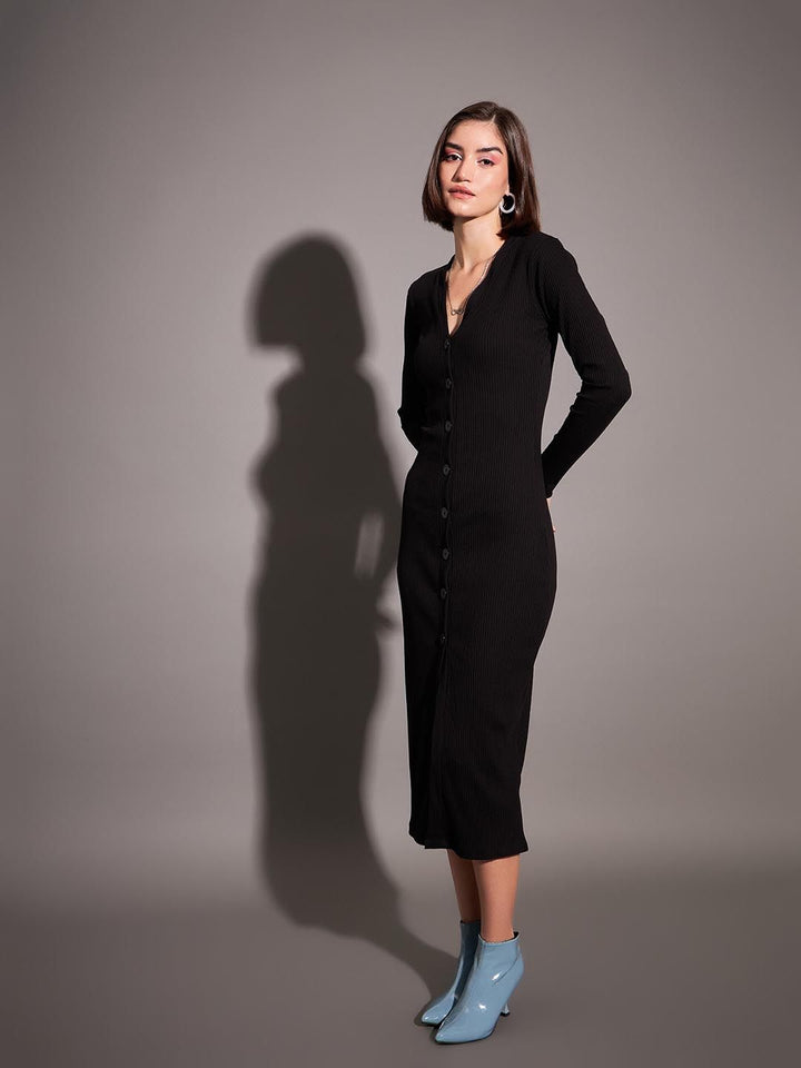 SASSAFRAS Black Ribbed Sheath Midi Dress