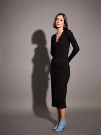 SASSAFRAS Black Ribbed Sheath Midi Dress