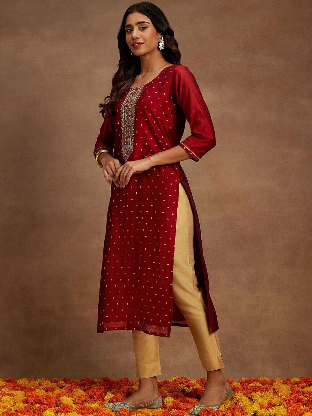 Libas Ethnic Motifs Woven Design Thread Work Detail Chanderi Silk Straight Kurta