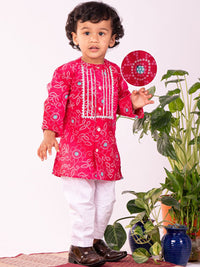 VASTRAMAY Boys Bandhani Printed Band Collar Pure Cotton Straight Kurta With Pyjamas
