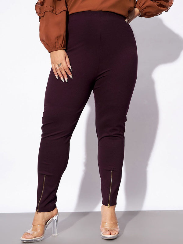 SASSAFRAS Curve Women Plus Size Burgundy Slim Fit Zip Detail Regular Trousers