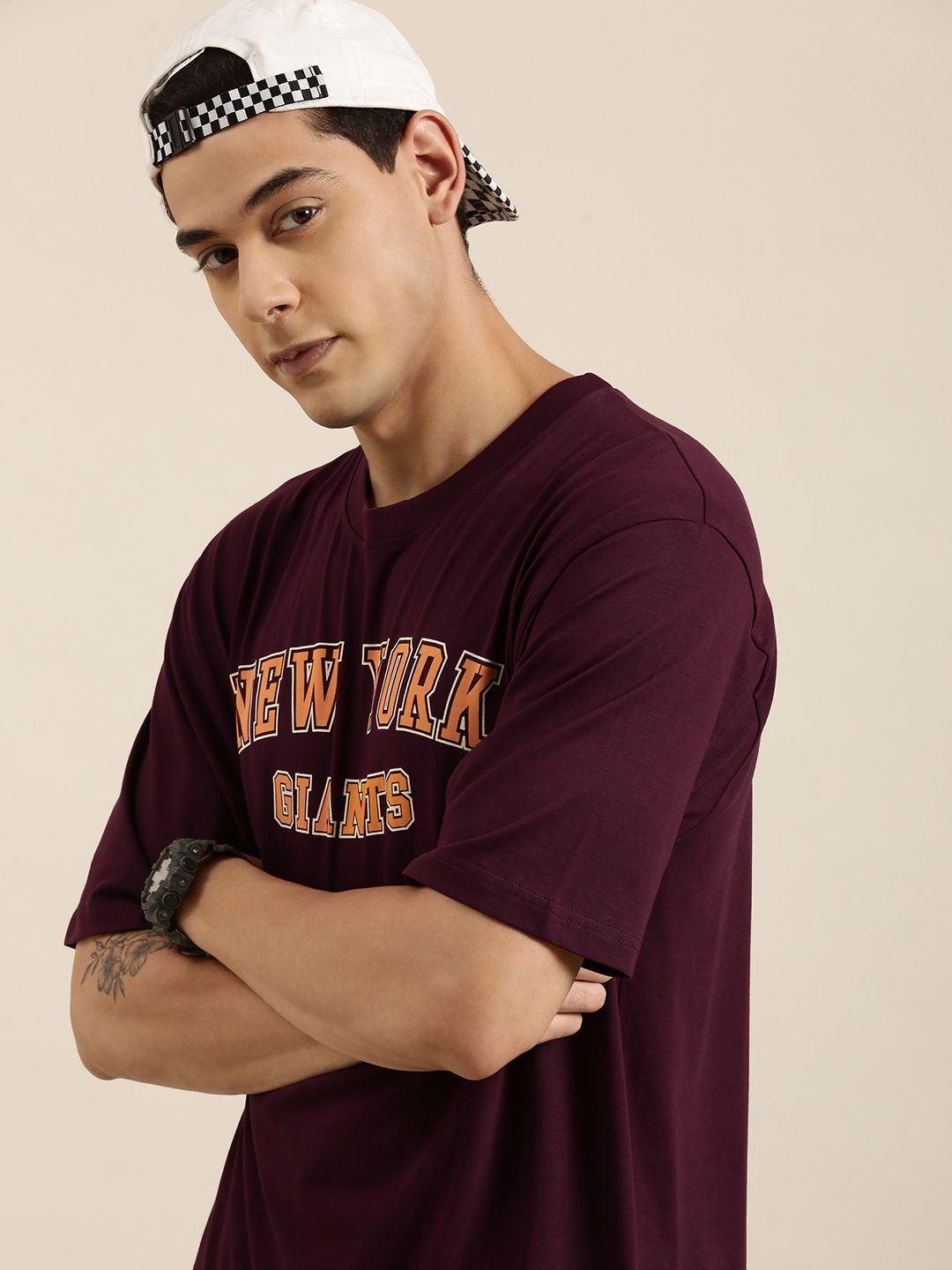 DILLINGER Men Maroon Typography Printed Pure Cotton Oversized  T-shirt