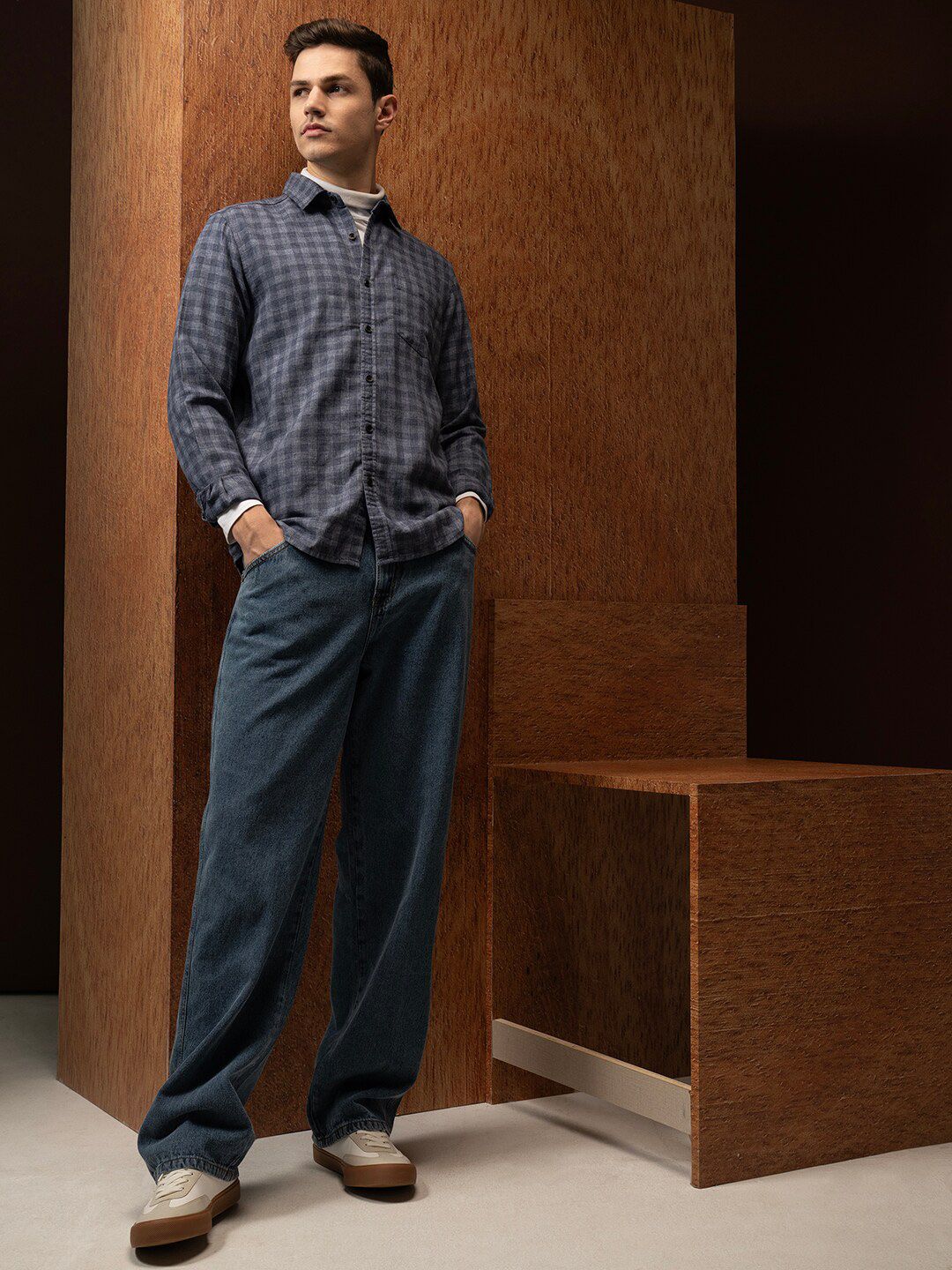 LOCOMOTIVE Premium Relaxed Fit Linen Blend Textured Checked Shirt