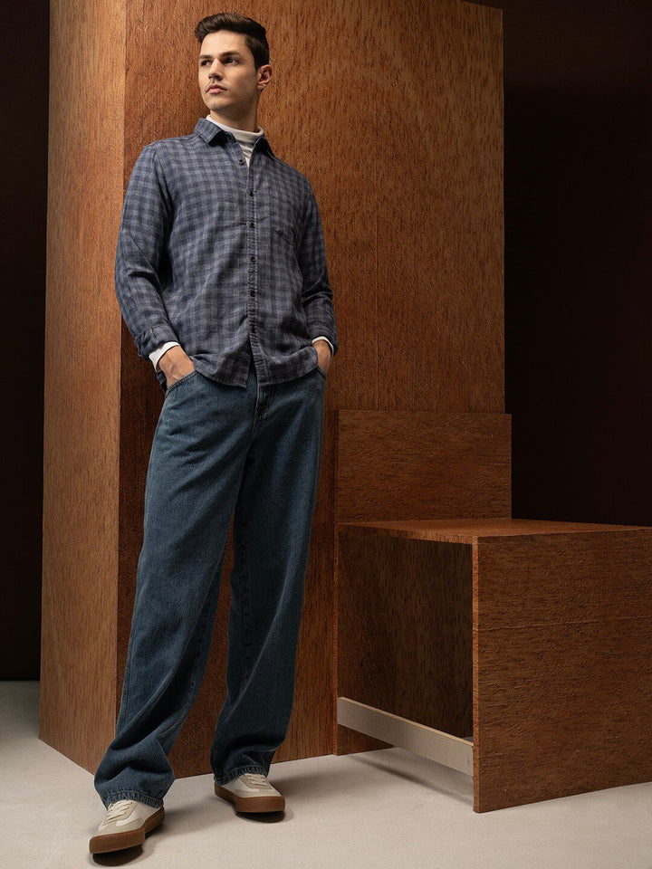 LOCOMOTIVE Premium Relaxed Fit Linen Blend Textured Checked Shirt