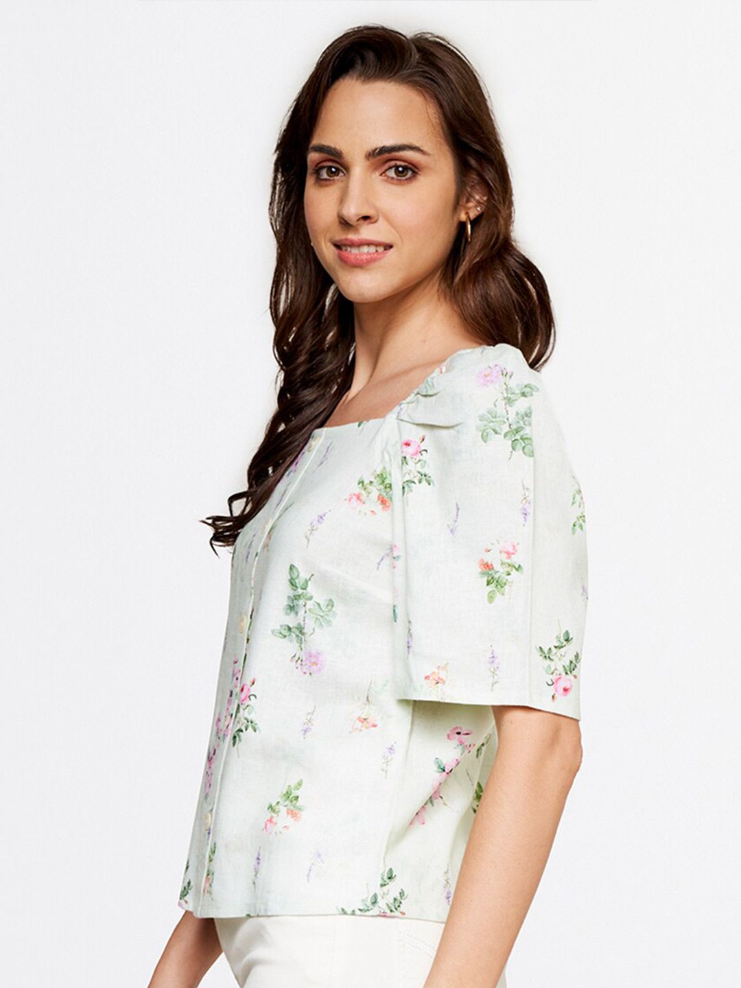AND Green Floral Printed Round Neck Linen Top
