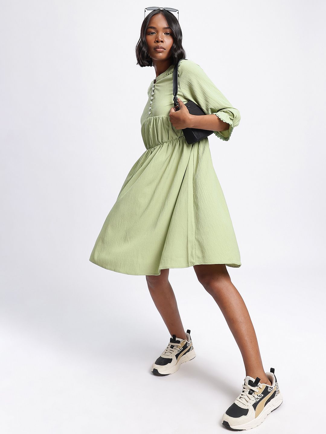 DressBerry Gathered Sophistication A-line Dress with Lace Insert