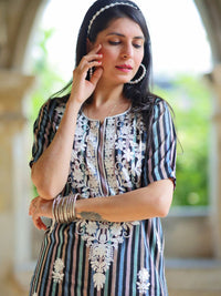 KALINI Women Stripted Chikankari Embroidered Straight Kurti