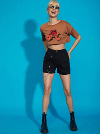 SASSAFRAS Women Black Chains Detail Pure Cotton Denim Shorts