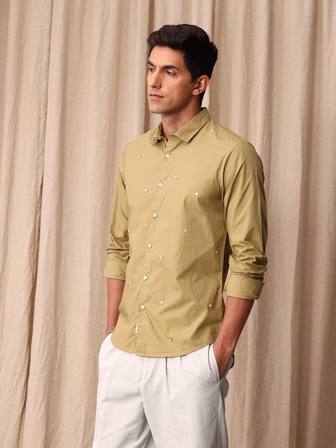 Mr Bowerbird Pure Cotton Button Detail Tailored Fit Casual Shirt