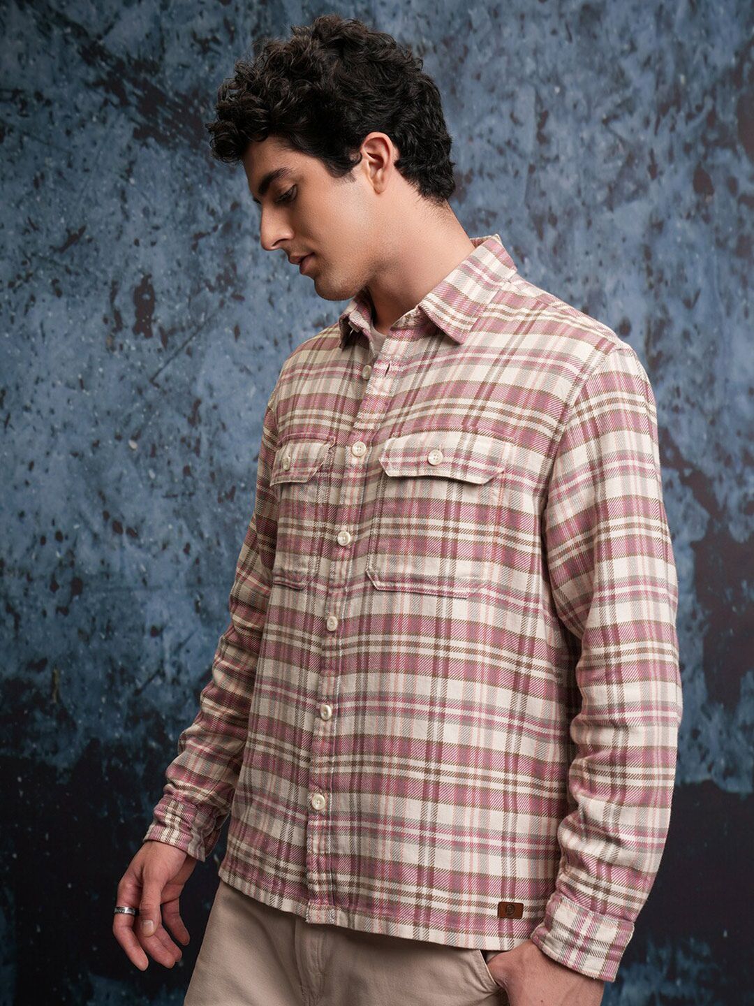Locomotive Men Pink Dobby Textured Checked Utility Pocket Overshirt