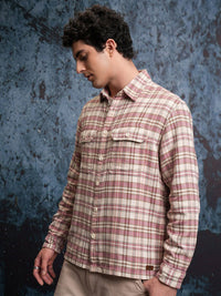 Locomotive Men Pink Dobby Textured Checked Utility Pocket Overshirt